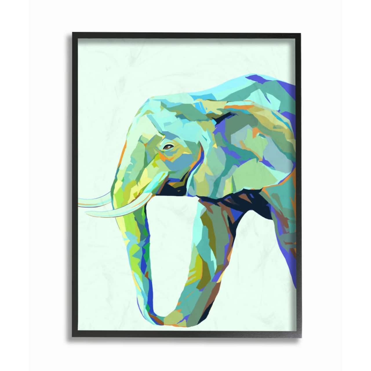 Stupell Industries Elephant Abstract Shapes Blue Green Animal Design in Black Frame Wall Art